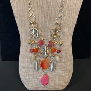 Chico’s Gold Tone Pink & Orange Glass Beads Statement Necklace